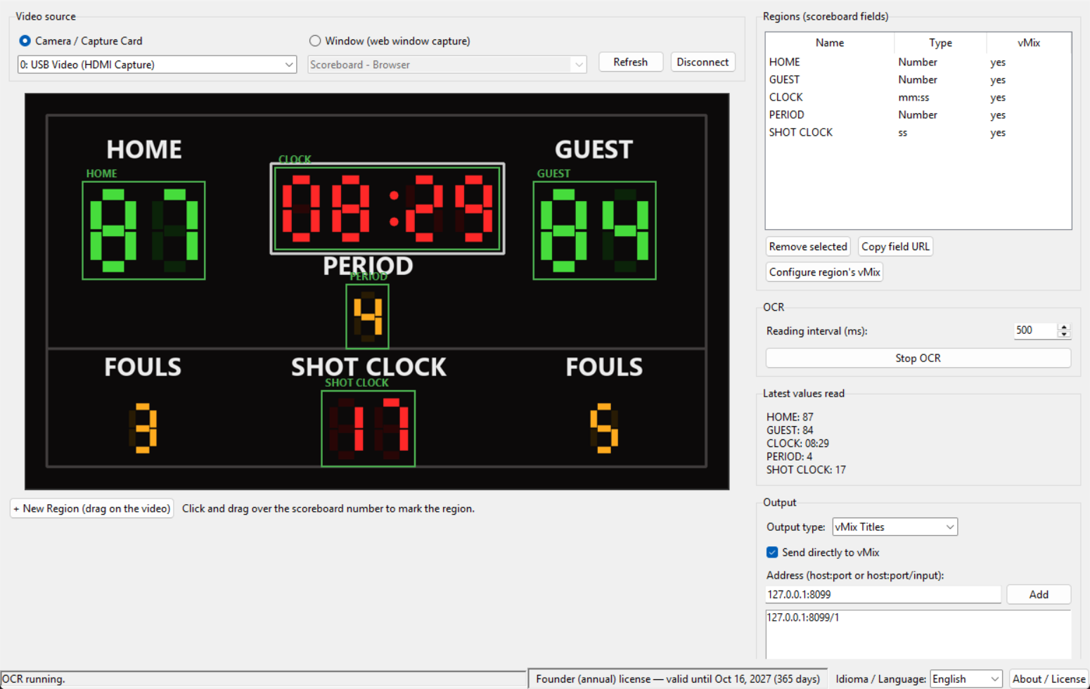 Bicho ScoreBoard PRO reading a scoreboard: marked regions and values read in real time