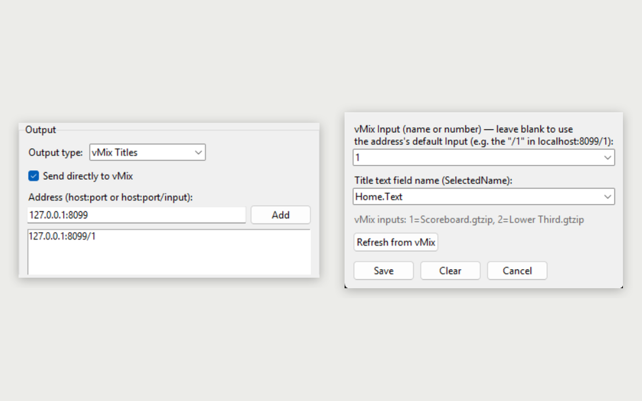 vMix output: address and Title text field selection